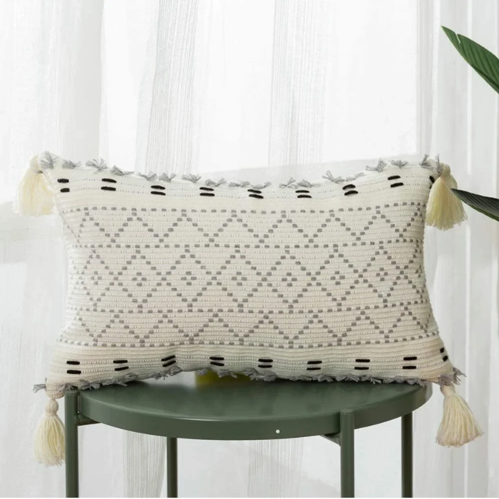 Luxury Home | Boho Chic Tufted Moroccan Woven Tasseled Lumbar Throw Pillow Cover